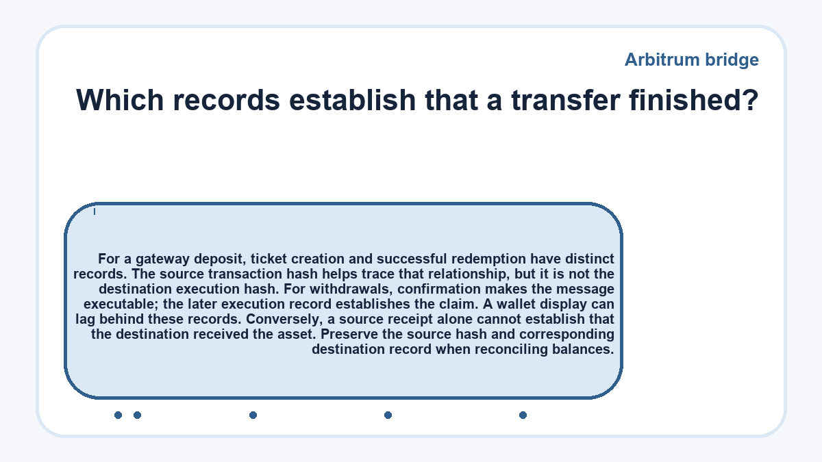 Which records establish that a transfer finished?: For a gateway deposit, ticket creation and successful redemption have distinct records. The source transaction hash helps trace that relationship, but it is not the destination execution hash. For withdrawals, confirmation makes the message executable; the later execution record establishes the claim. A wallet display can lag behind these records. Conversely, a source receipt alone cannot establish that the destination received the asset. Preserve the source hash and corresponding destination record when reconciling balances.
